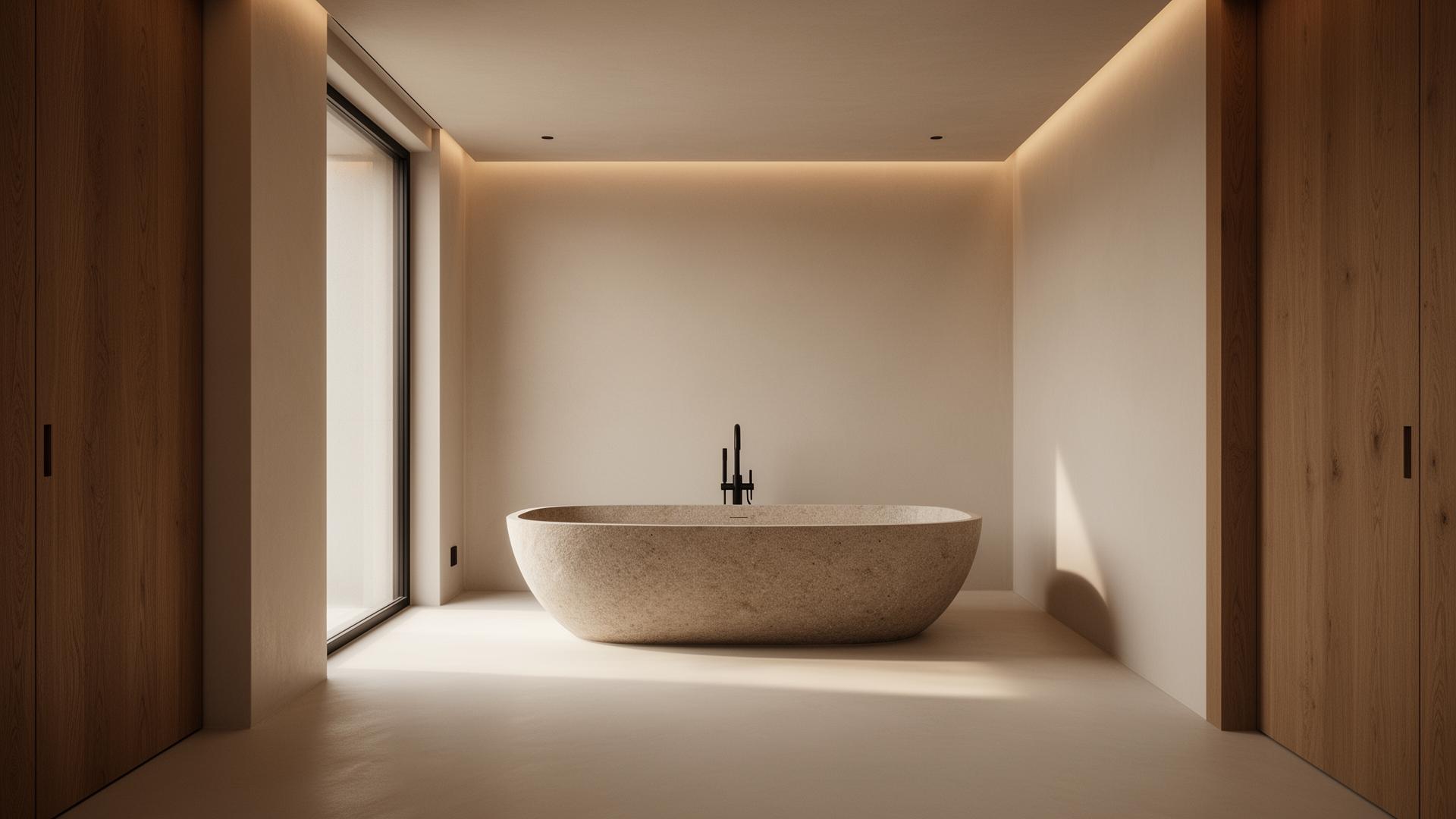 Luxury microcement bathroom with stone bath